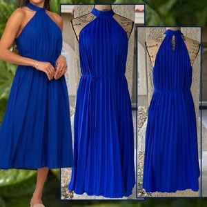 Pinkblush Royal Blue Pleated Halter Midi Dress Size L